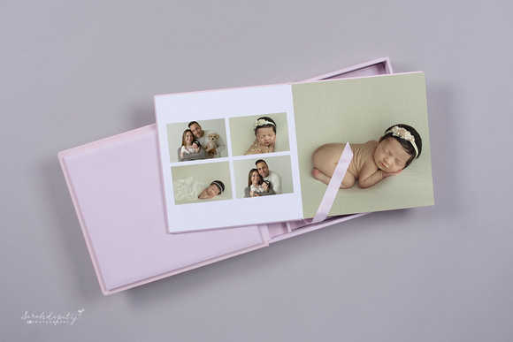 NJ newborn photographer sample album of family newborn portraits with parents and dog.